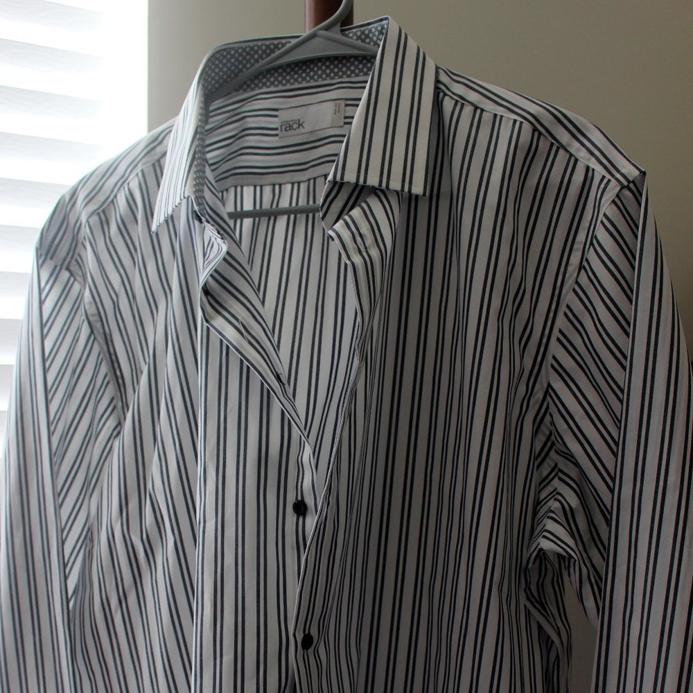 New Nordstrom white blue grey pinstripe 17.5/34-35